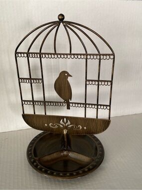 Bronze Metal Birdcage silhouette jewelry holder with tray base 10”x6.5”preowned